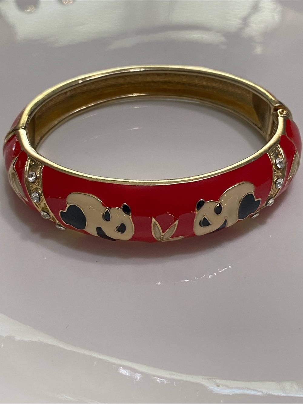 Gold-Tone Red Panda Enamel Bangle Bracelet